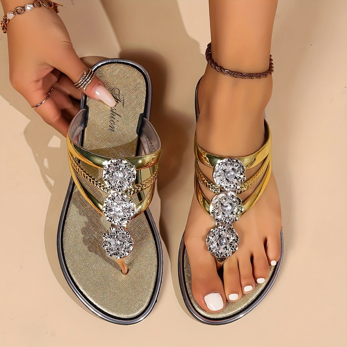 Stylish Rhinestone Flat Sandals for Women T-Strap Slip-On