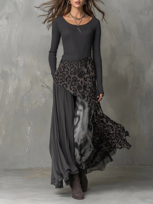 Stylish Maxi Dress for Women Asymmetric-Hem Animal-Print Long-Sleeve