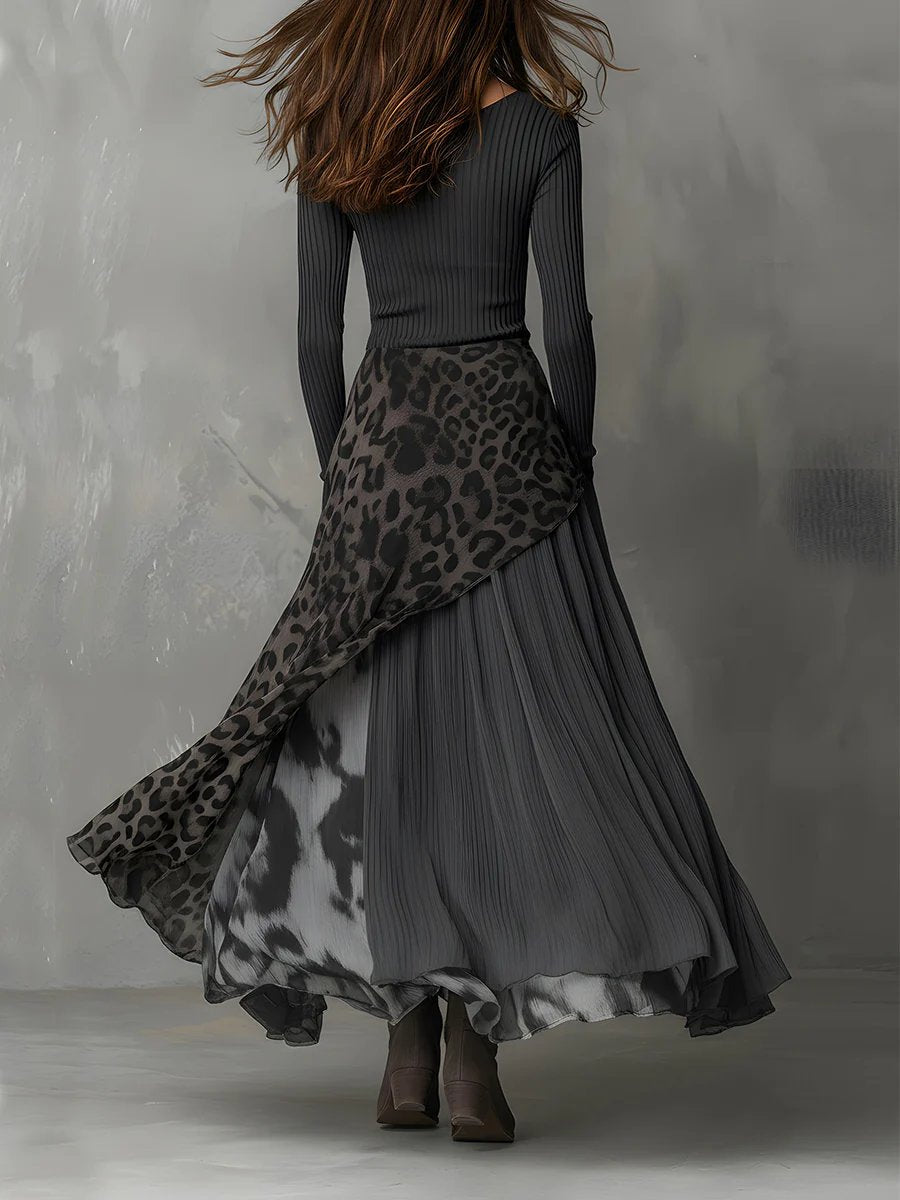 Stylish Maxi Dress for Women Asymmetric-Hem Animal-Print Long-Sleeve