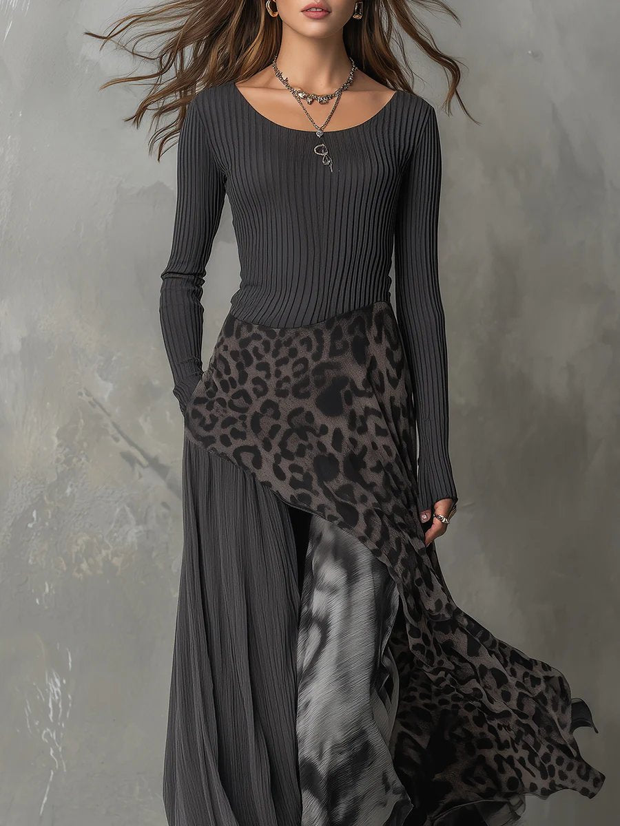 Stylish Maxi Dress for Women Asymmetric-Hem Animal-Print Long-Sleeve