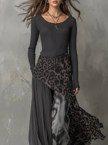 Stylish Maxi Dress for Women Asymmetric-Hem Animal-Print Long-Sleeve