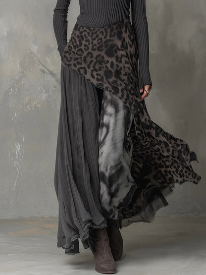 Stylish Maxi Dress for Women Asymmetric-Hem Animal-Print Long-Sleeve