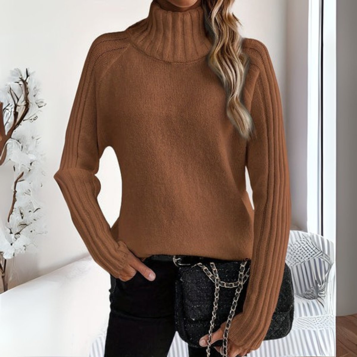 Comfortable Turtleneck Sweater for Women Ribbed-Knit Raglan-Sleeve