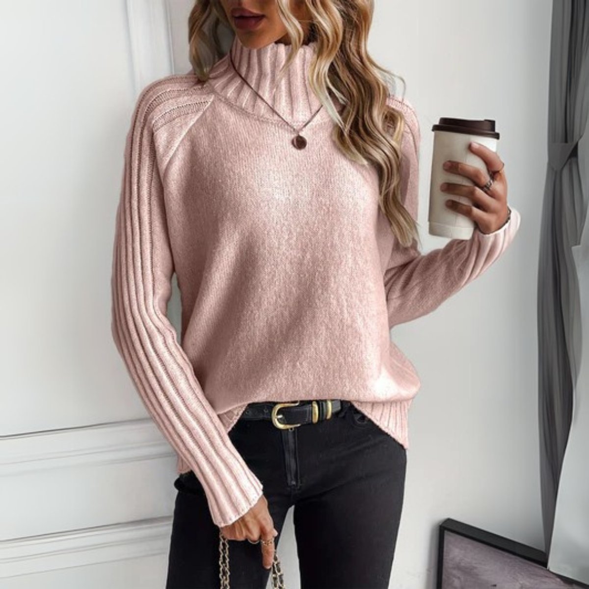 Comfortable Turtleneck Sweater for Women Ribbed-Knit Raglan-Sleeve