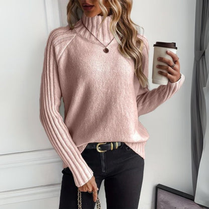 Comfortable Turtleneck Sweater for Women Ribbed-Knit Raglan-Sleeve