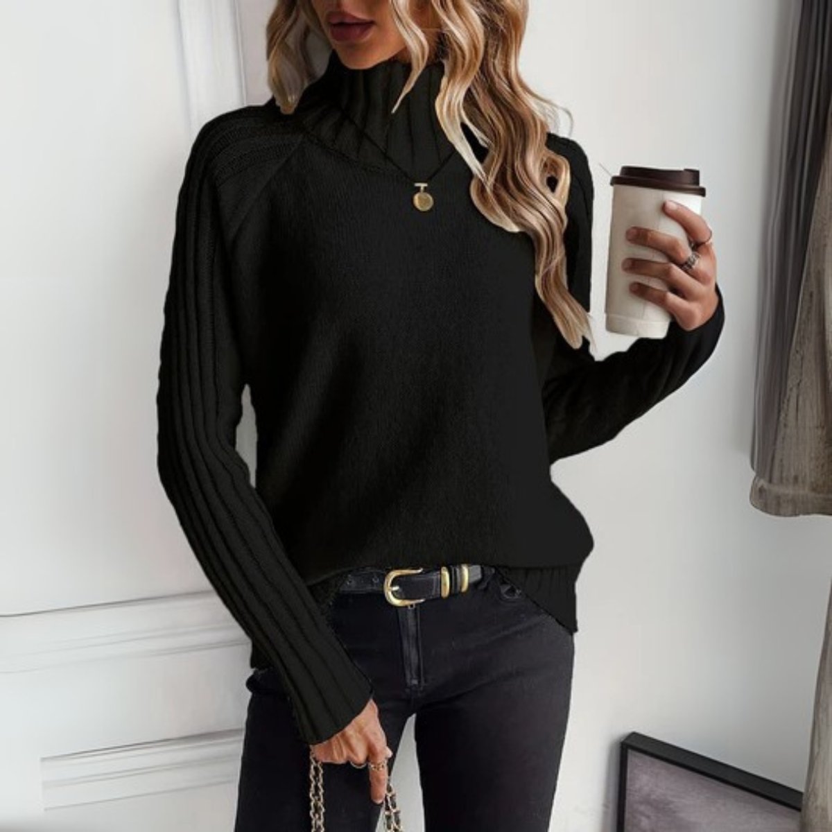 Comfortable Turtleneck Sweater for Women Ribbed-Knit Raglan-Sleeve