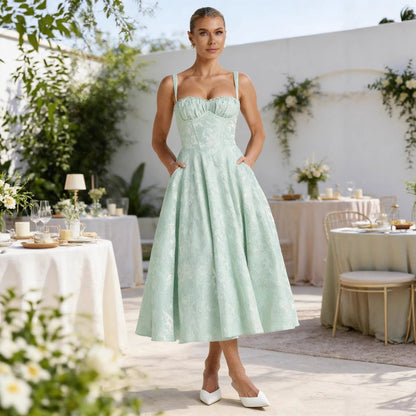 Elegant Midi Dress for Women Ruched-Bodice Flared-Skirt