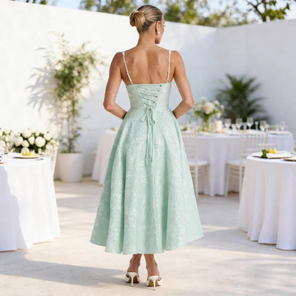 Elegant Midi Dress for Women Ruched-Bodice Flared-Skirt