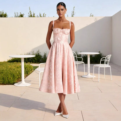 Elegant Midi Dress for Women Ruched-Bodice Flared-Skirt