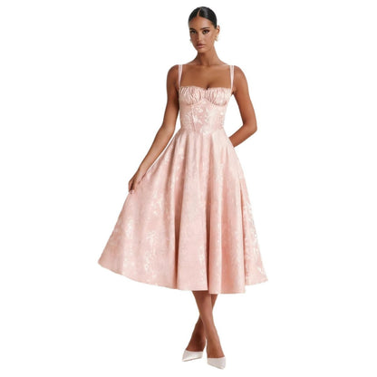 Elegant Midi Dress for Women Ruched-Bodice Flared-Skirt