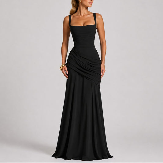 Elegant Maxi Dress for Women Ruched Square-Neck