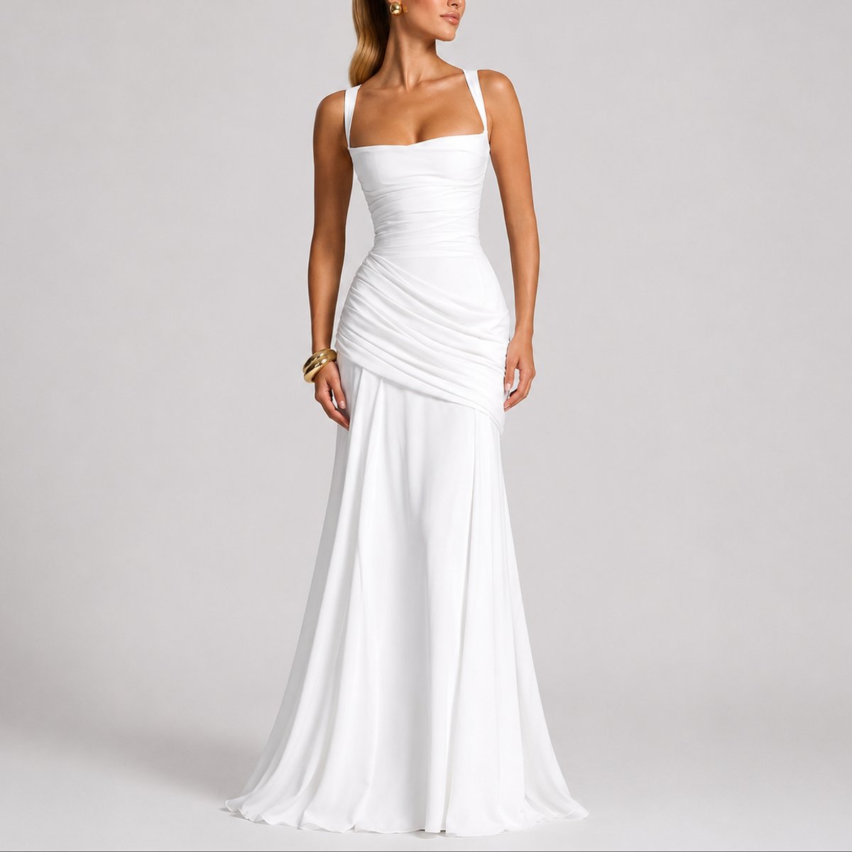 Elegant Maxi Dress for Women Ruched Square-Neck
