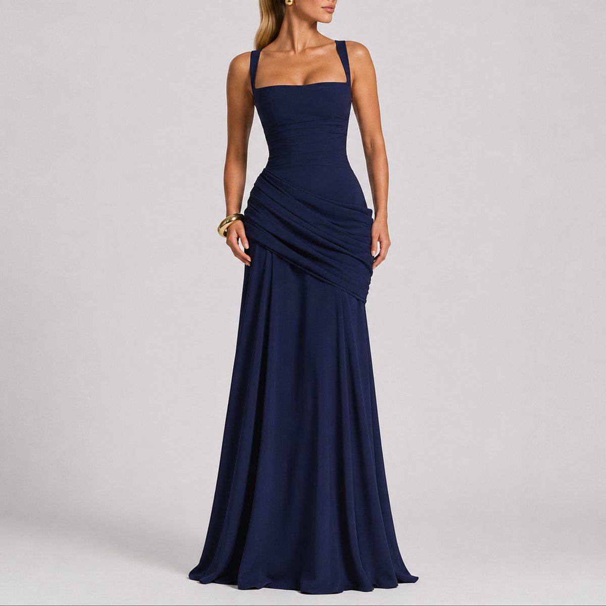 Elegant Maxi Dress for Women Ruched Square-Neck