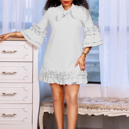 Stylish Mini Dress for Women Bow-Neck Ruffle-Hem