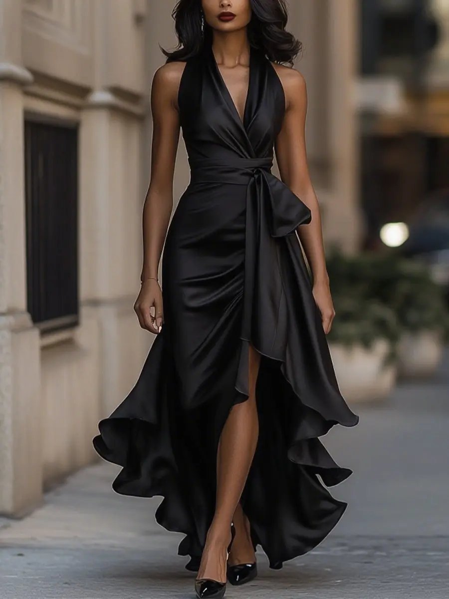 Elegant Midi Dress for Women Halter High-Low Ruffle-Wrap