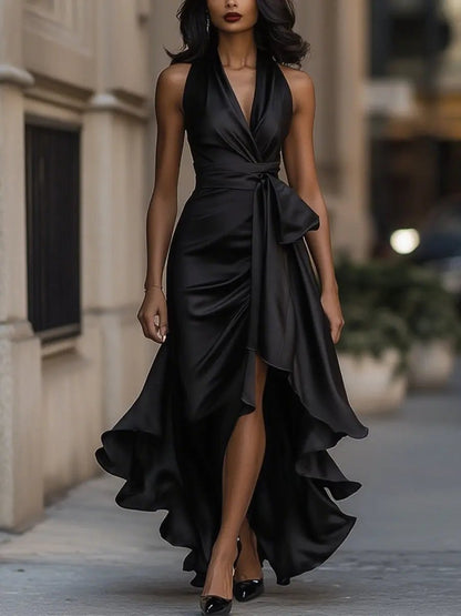 Elegant Midi Dress for Women Halter High-Low Ruffle-Wrap