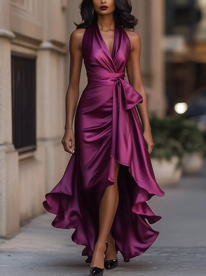 Elegant Midi Dress for Women Halter High-Low Ruffle-Wrap