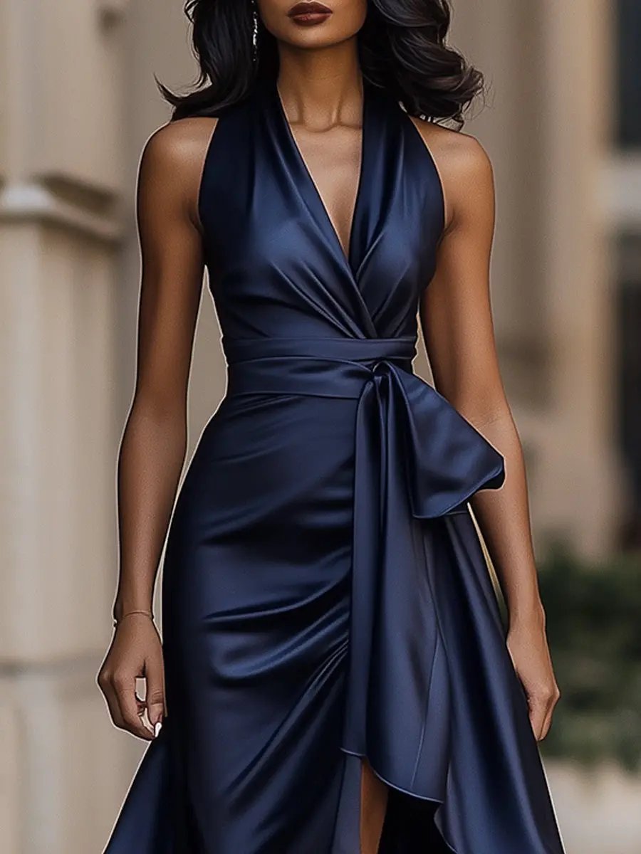 Elegant Midi Dress for Women Halter High-Low Ruffle-Wrap