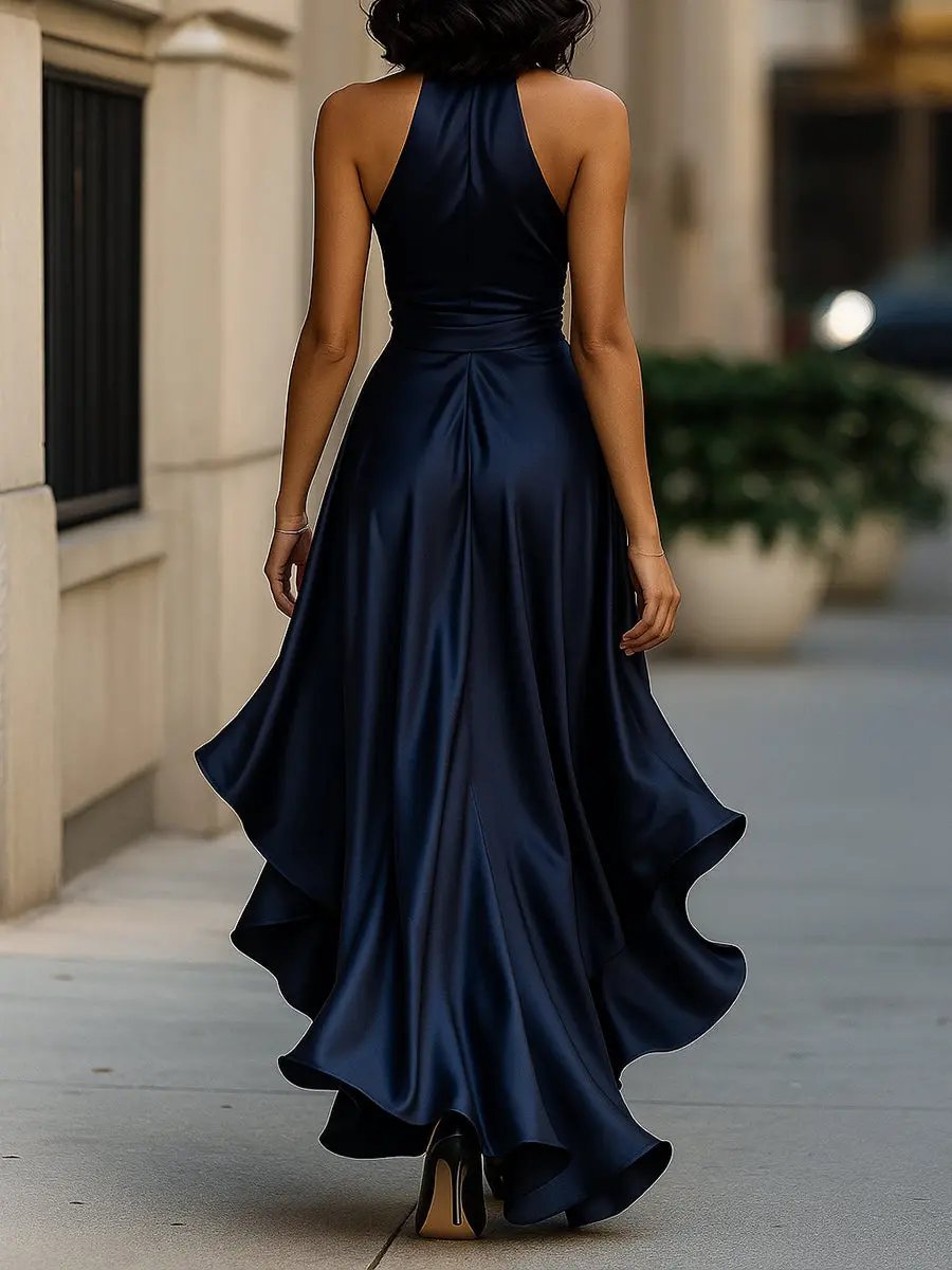 Elegant Midi Dress for Women Halter High-Low Ruffle-Wrap