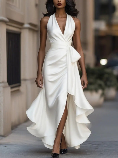 Elegant Midi Dress for Women Halter High-Low Ruffle-Wrap