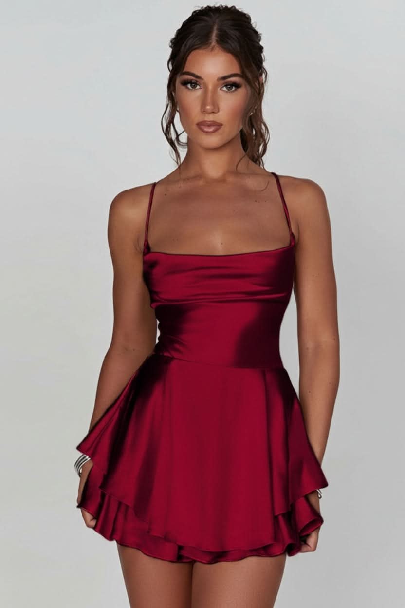 Elegant Mini Dress for Women Satin Square-Neck Ruffle-Skirt