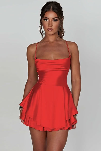 Elegant Mini Dress for Women Satin Square-Neck Ruffle-Skirt