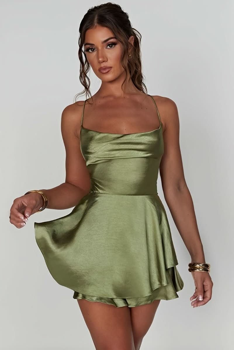Elegant Mini Dress for Women Satin Square-Neck Ruffle-Skirt