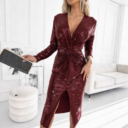 Elegant Midi Dress for Women Sequin Deep-V Twist-Front