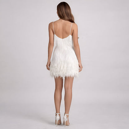 Elegant Mini Dress for Women Sequin Feather-Trim V-Neck