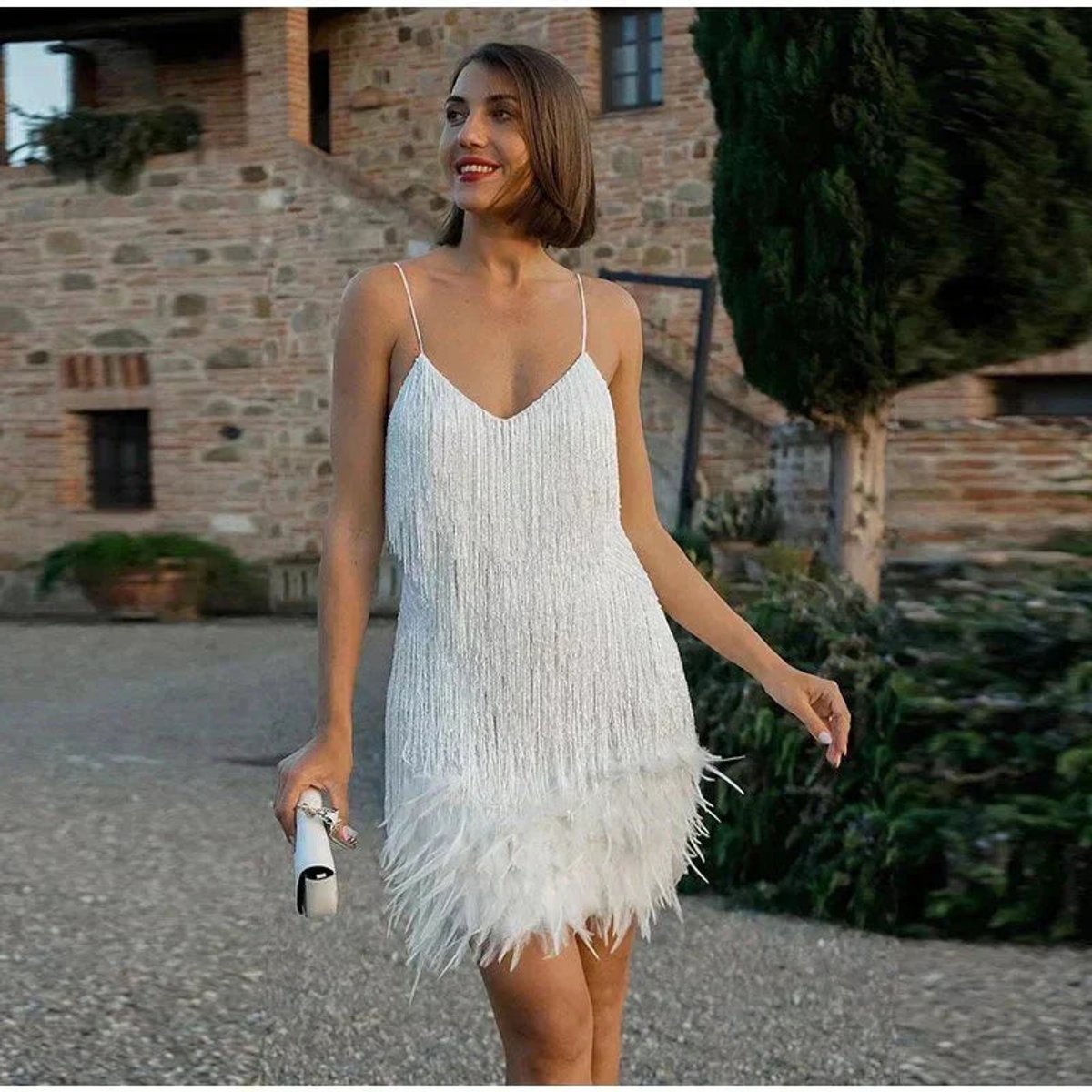 Elegant Mini Dress for Women Sequin Fringe Feather-Trim