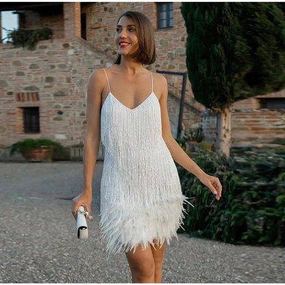Elegant Mini Dress for Women Sequin Fringe Feather-Trim