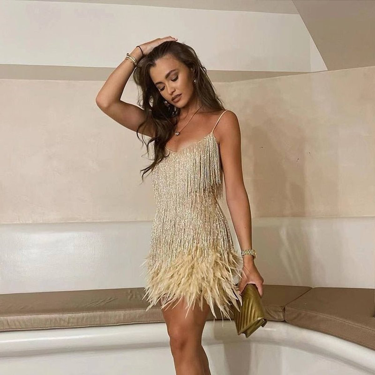 Elegant Mini Dress for Women Sequin Fringe Feather-Trim
