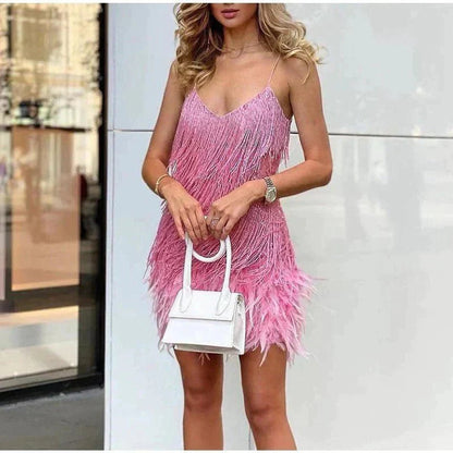 Elegant Mini Dress for Women Sequin Fringe Feather-Trim