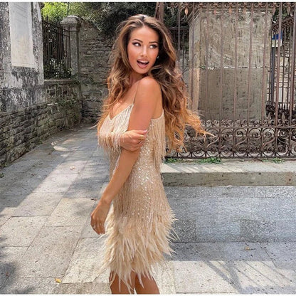 Elegant Mini Dress for Women Sequin Fringe Feather-Trim