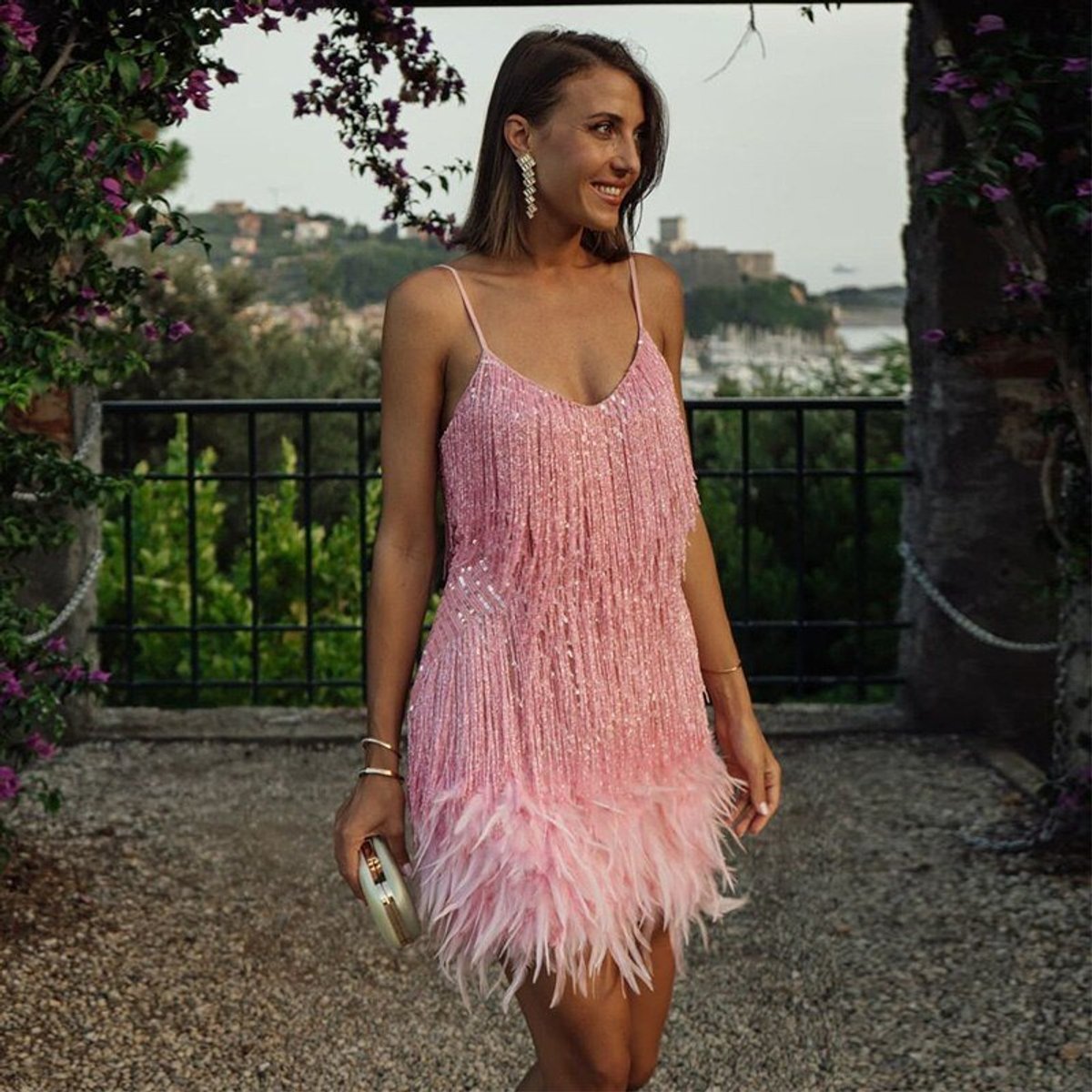 Elegant Mini Dress for Women Sequin Fringe Feather-Trim