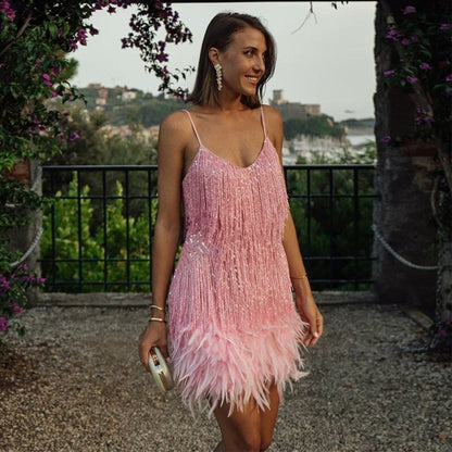 Elegant Mini Dress for Women Sequin Fringe Feather-Trim