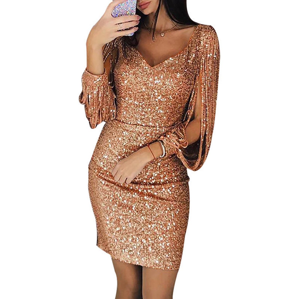 Elegant Mini Dress for Women Sequin Tassel-Sleeve V-Neck