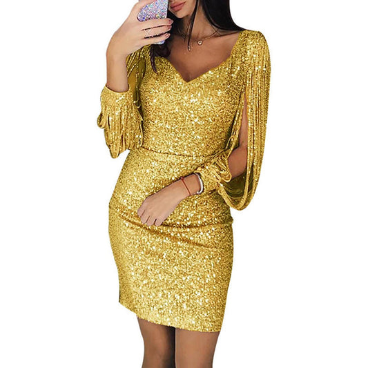 Elegant Mini Dress for Women Sequin Tassel-Sleeve V-Neck
