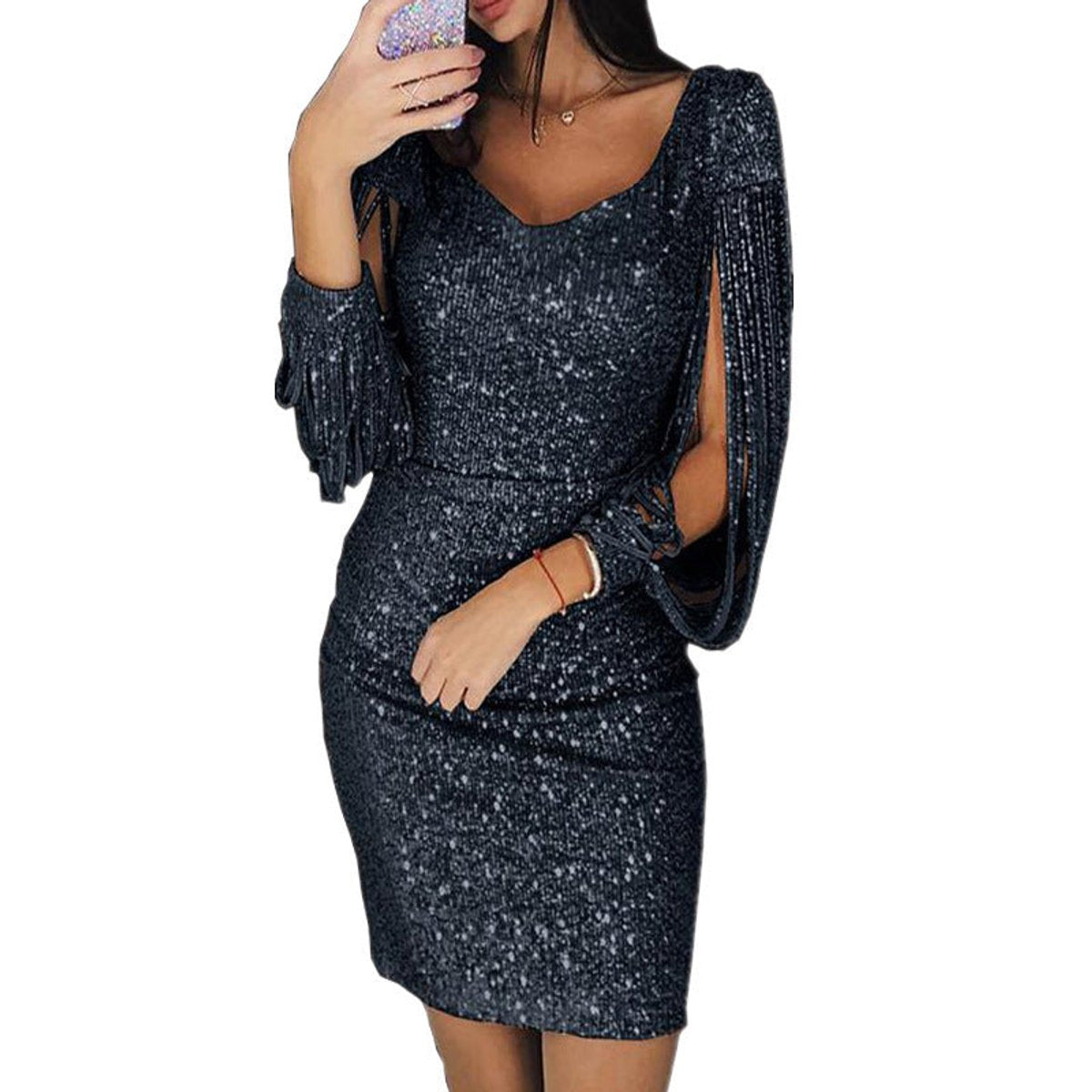 Elegant Mini Dress for Women Sequin Tassel-Sleeve V-Neck