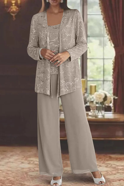 Elegant Pants Suit for Women Sequined Long-Sleeve Wide-Leg