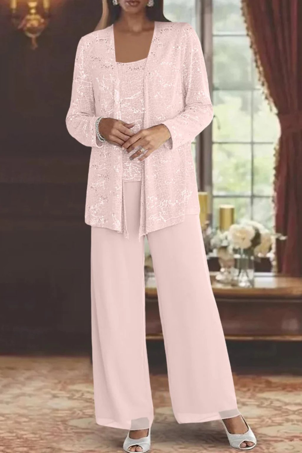 Elegant Pants Suit for Women Sequined Long-Sleeve Wide-Leg