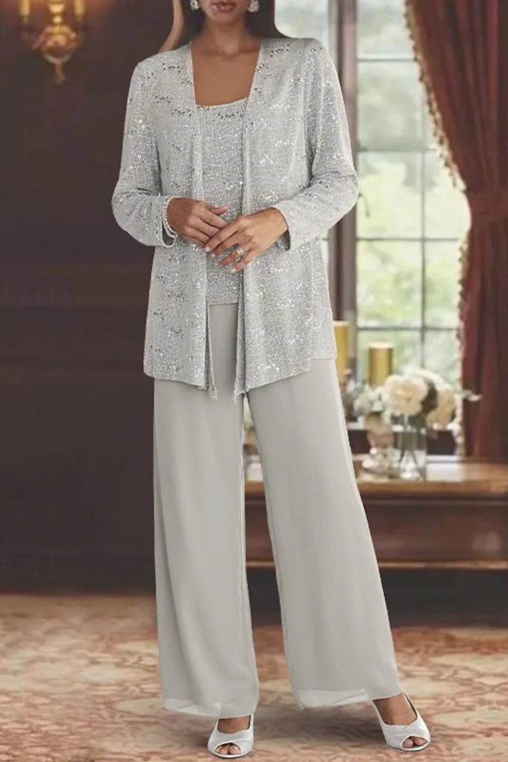 Elegant Pants Suit for Women Sequined Long-Sleeve Wide-Leg
