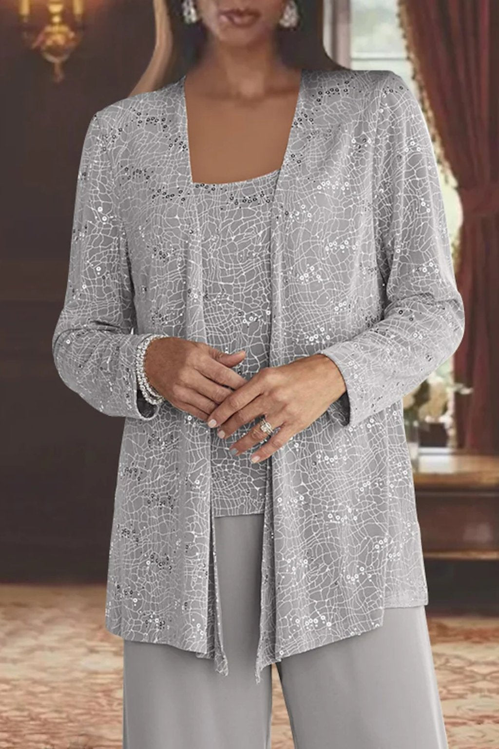 Elegant Pants Suit for Women Sequined Long-Sleeve Wide-Leg