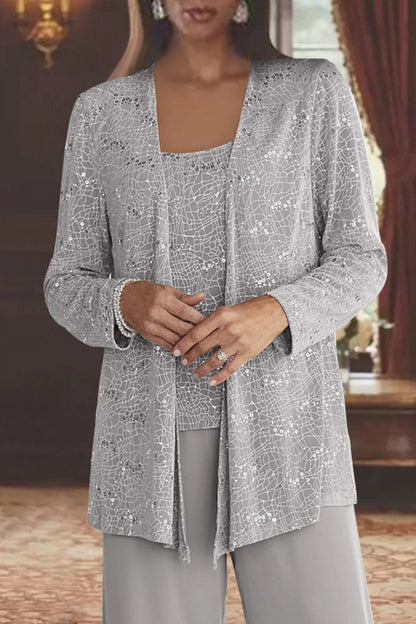 Elegant Pants Suit for Women Sequined Long-Sleeve Wide-Leg