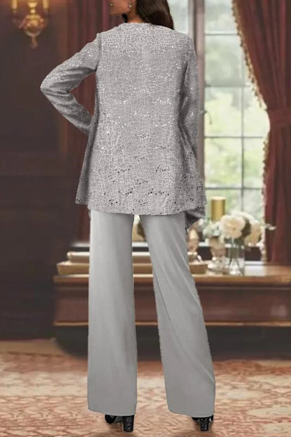 Elegant Pants Suit for Women Sequined Long-Sleeve Wide-Leg
