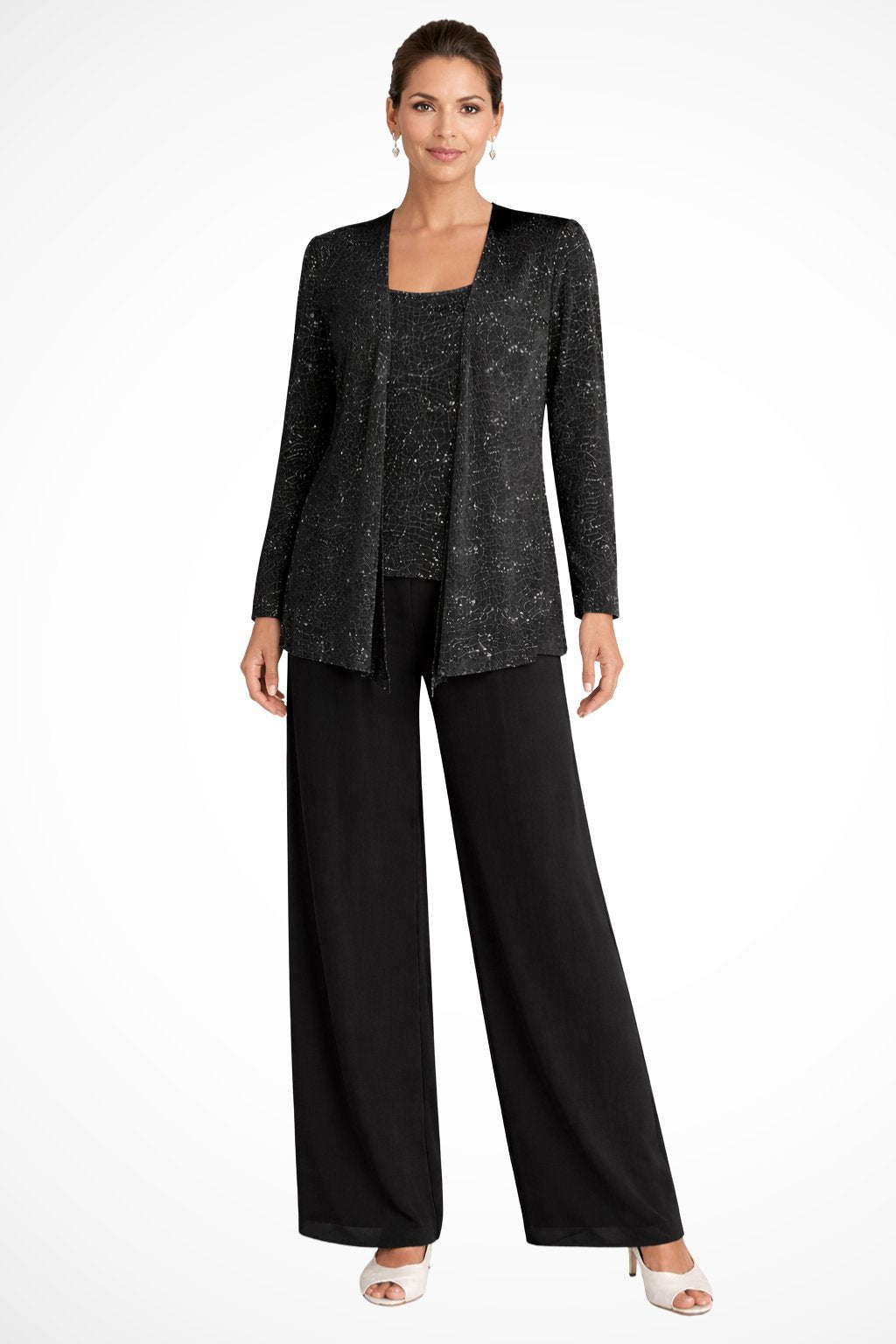 Elegant Pants Suit for Women Sequined Long-Sleeve Wide-Leg