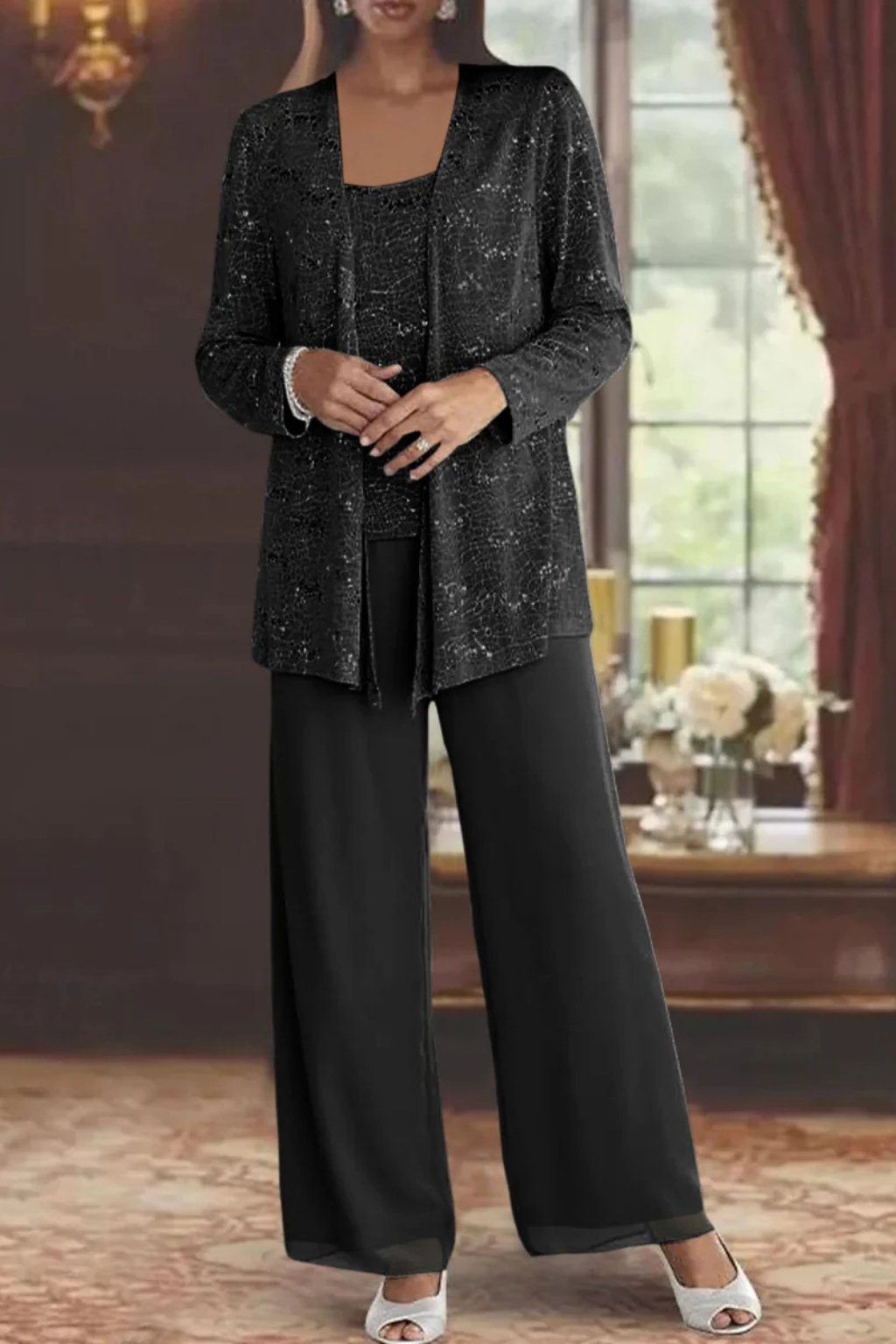 Elegant Pants Suit for Women Sequined Long-Sleeve Wide-Leg
