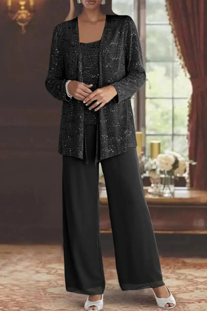 Elegant Pants Suit for Women Sequined Long-Sleeve Wide-Leg