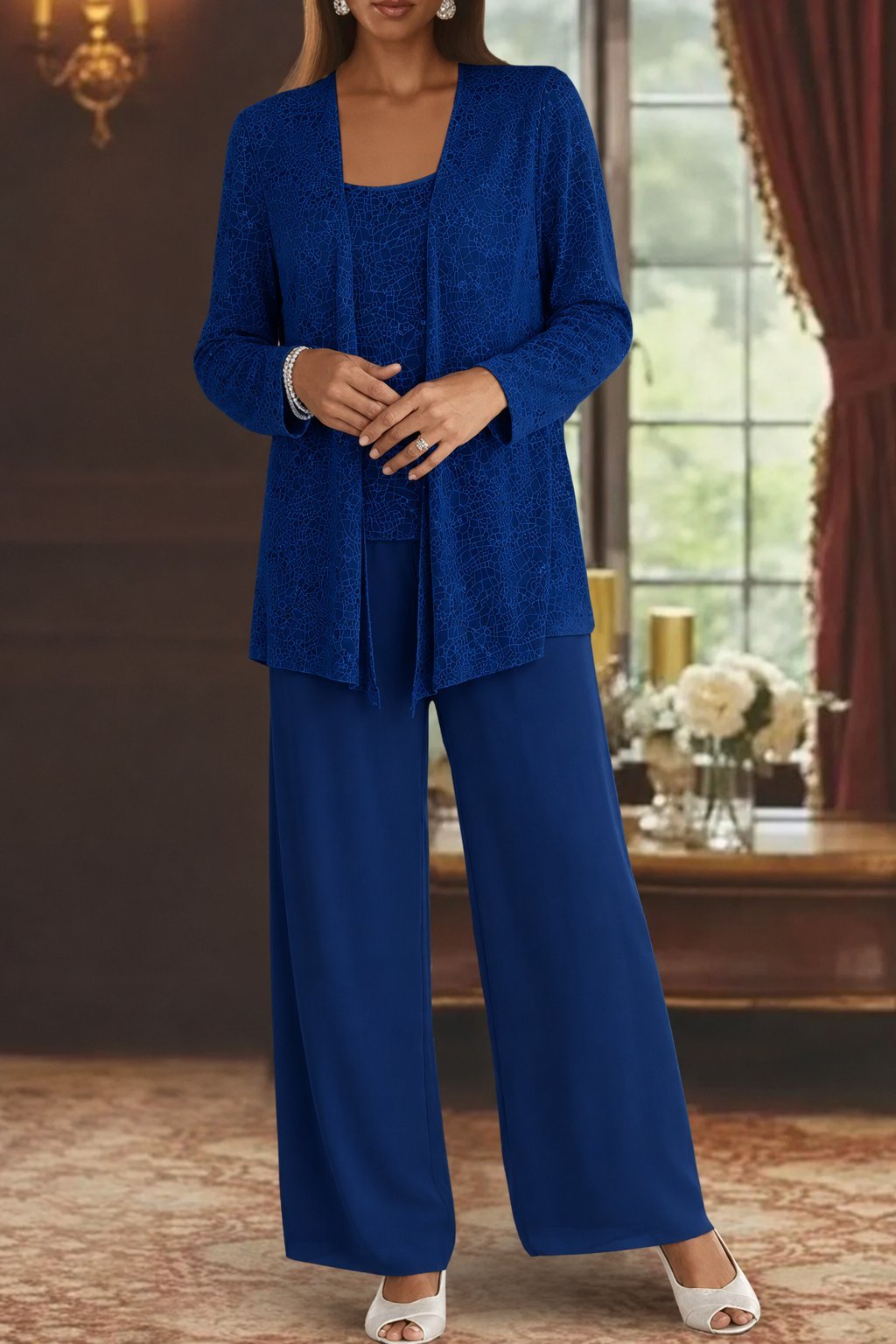 Elegant Pants Suit for Women Sequined Long-Sleeve Wide-Leg