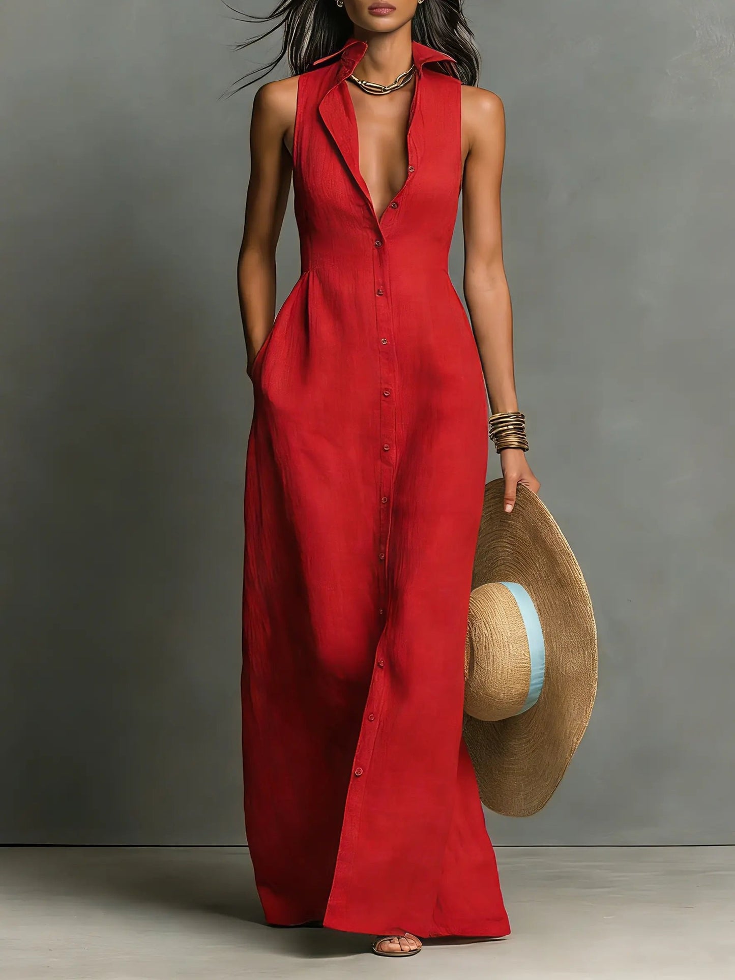 Effortless Shirt Dress for Women Sleeveless Collared Button-Front